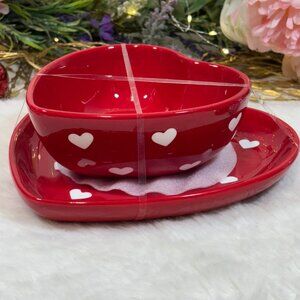 Valentine’s Day Terramoto Ceramic Red Heart Bowl & Plate 2 PC Dinnerware Set New